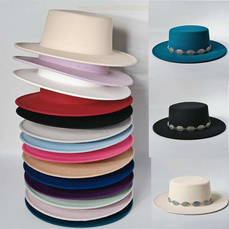 Unisex Klassische Filz Kirchenhüte Britischer Stil Breiter Rand Oberer Fedora Hut Hochzeits Verkleidung Breiter Rand Flacher Oberteil