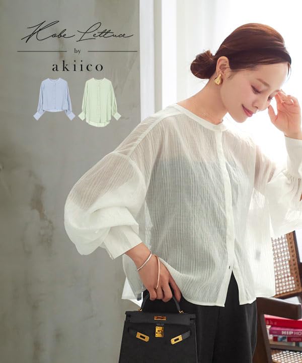 Kobe Lettuce Tanaka Volume Sleeve Sheer Shirt with Band Collar Free Light Green [Akiko Collaboration] Women's [C6967] Size, Long,
