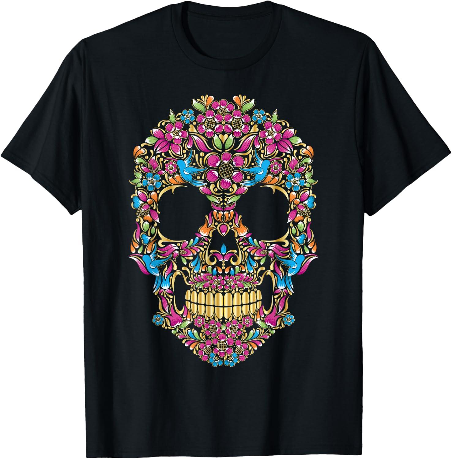 Colourful sugar skulls with flowers and birds | Camiseta T-Shirt L