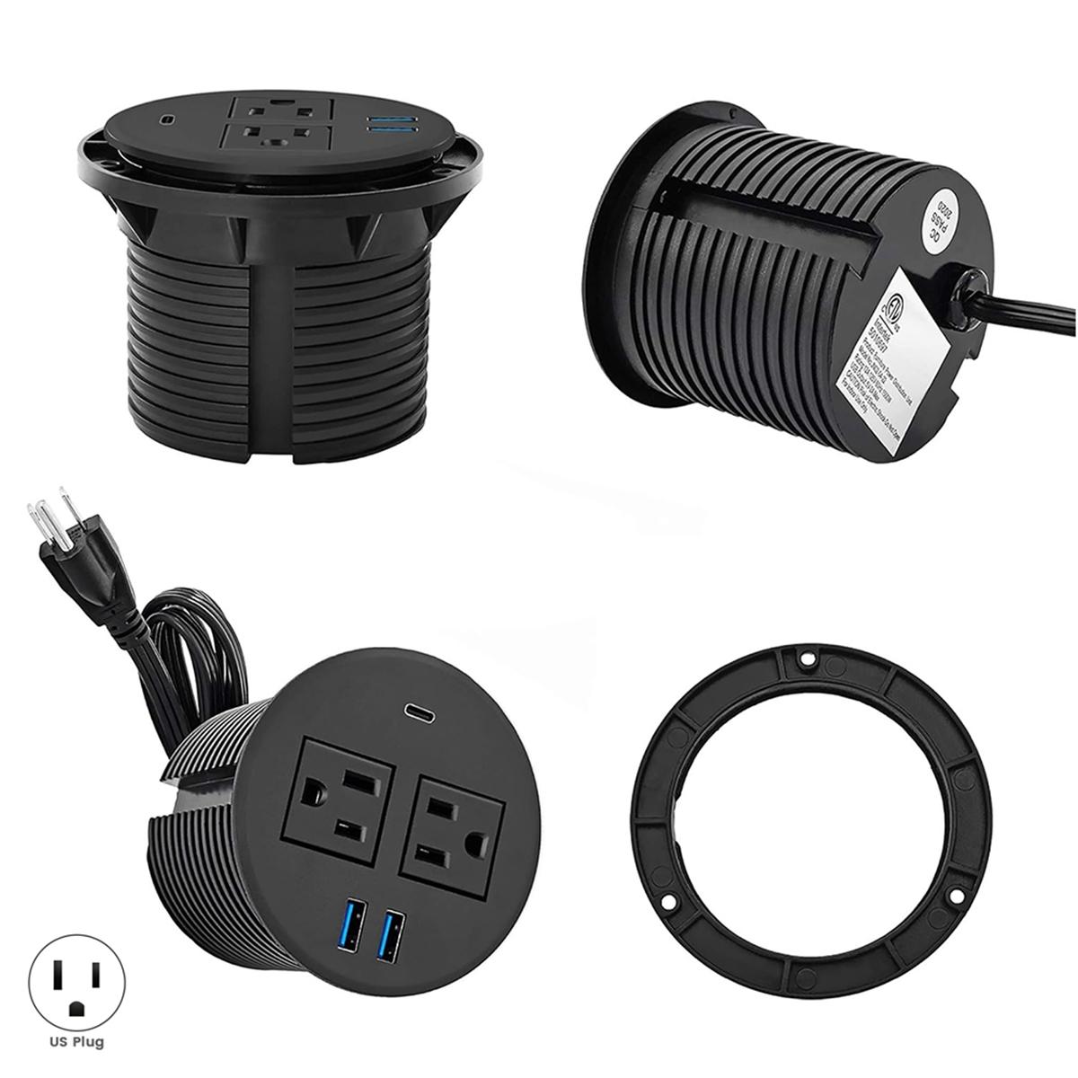 

2025+Power Grommet with USB for Desktop Desktop Power Data Outlet with 2 AC Outlets and 2 USB Ports Black US Plug 2USB+1PD China Mainland
