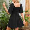 Women's Loose Casual Solid Color V-Neck Bow Tie Short Sleeved  Dress Short Sleeved  Dress