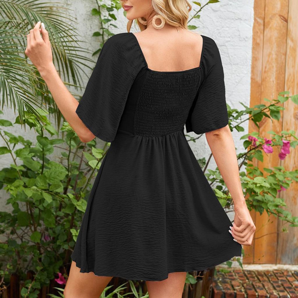 Women's Loose Casual Solid Color V-Neck Bow Tie Short Sleeved  Dress Short Sleeved  Dress