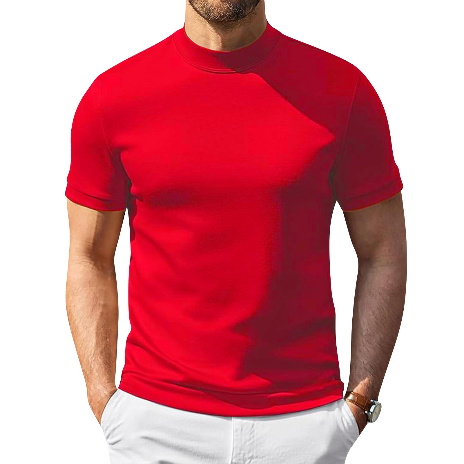 Heima C Heren Korte Mouw Turtleneck T-shirt Lichtgewicht Ademend Stretch Pasvorm Basislaag Top voor Casual en Actieve Kleding M rood