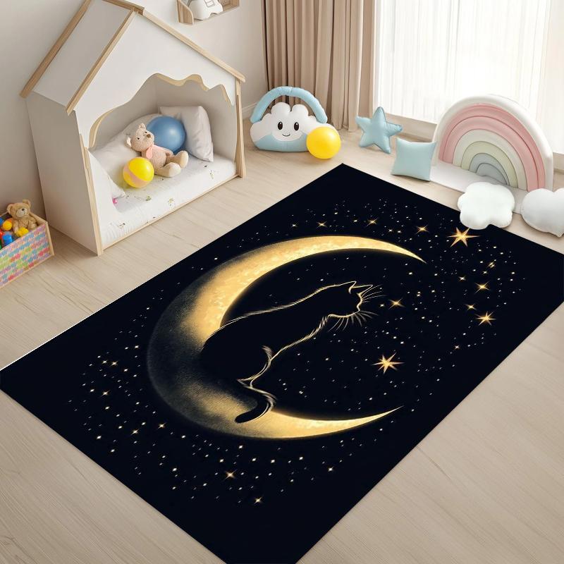 Enchanting Black Cat on Crescent Moon Carpet Magical Starry Night Rug Plush Mat with Gold Star Accents Living Room Bedroom