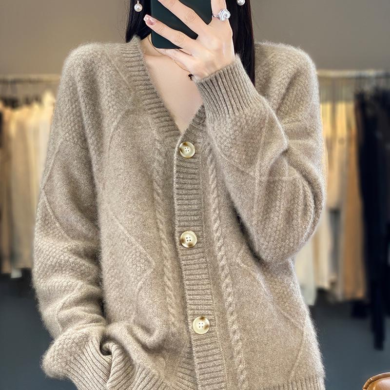 2023 Solid V-Neck Loose Knit Cardigan - Long Sleeve Top for Spring and Autumn
