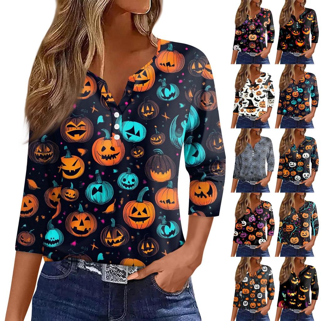 Dámské tričko Halloween potisk knoflík 3/4 rukáv tunika denní víkendová móda základní V-výstřih běžný top