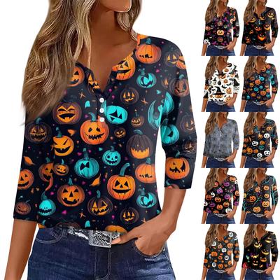 Women's T Shirt Tee Halloween Printed Button 3/4 Sleeve Tunic Daily Weekend Fashion Basic V- Neck Regular Top