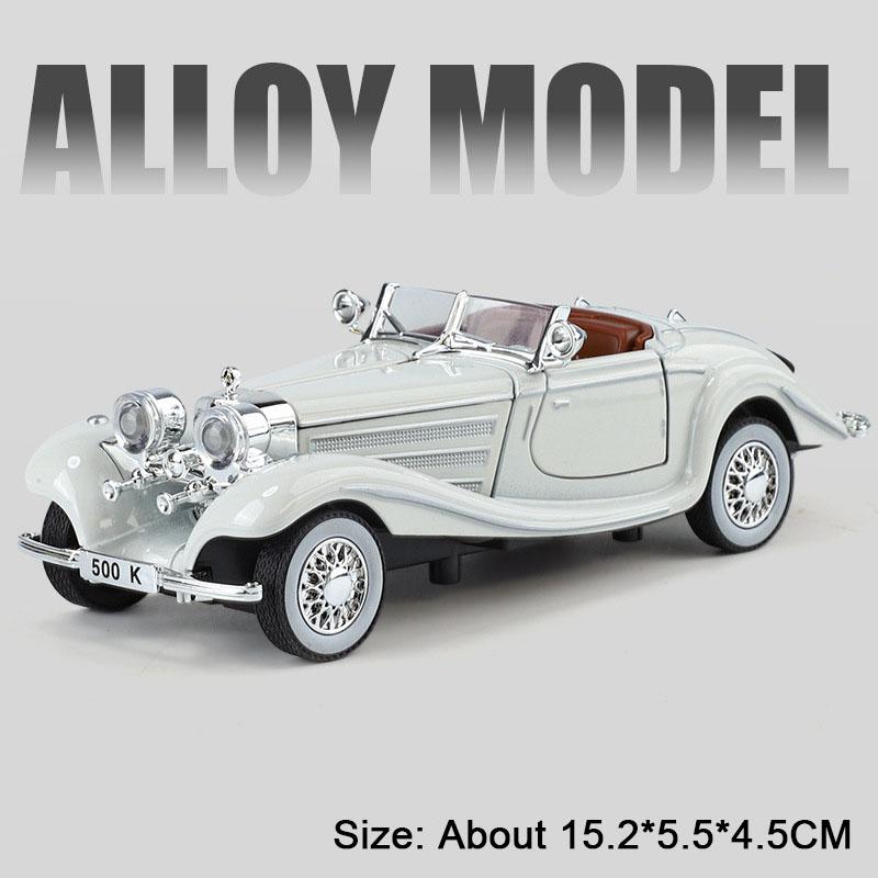 1:32 500K 300SL Vintage Car Model Toy Shock Absorption Alloy Diecast Vehicle Models Sound Light Pull Back Collection Kids Gifts