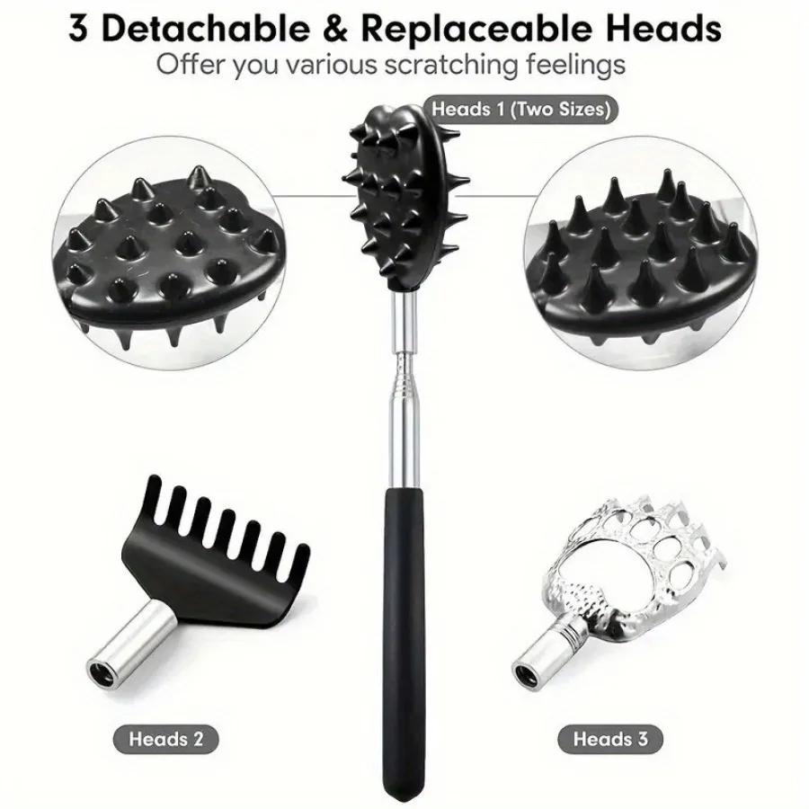 3 Detachable Scratching Heads Back Scratcher: Dual Sides, Telescoping, Adjustable, Metal Construction