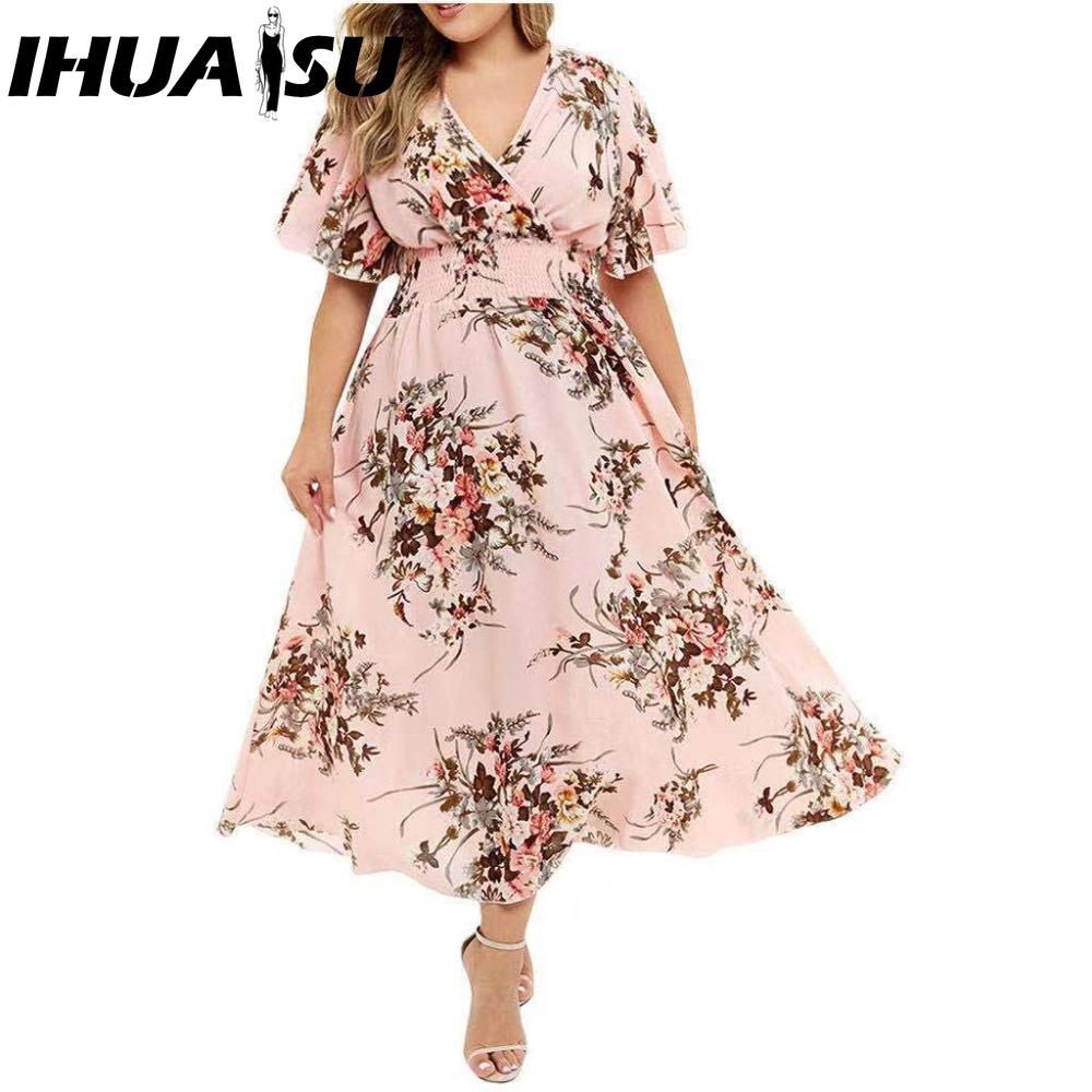 

IHUASU Мода больших размеров Женское повседневное короткое платье с V-образным вырезом и цветочным принтом XXXXXL розовый
