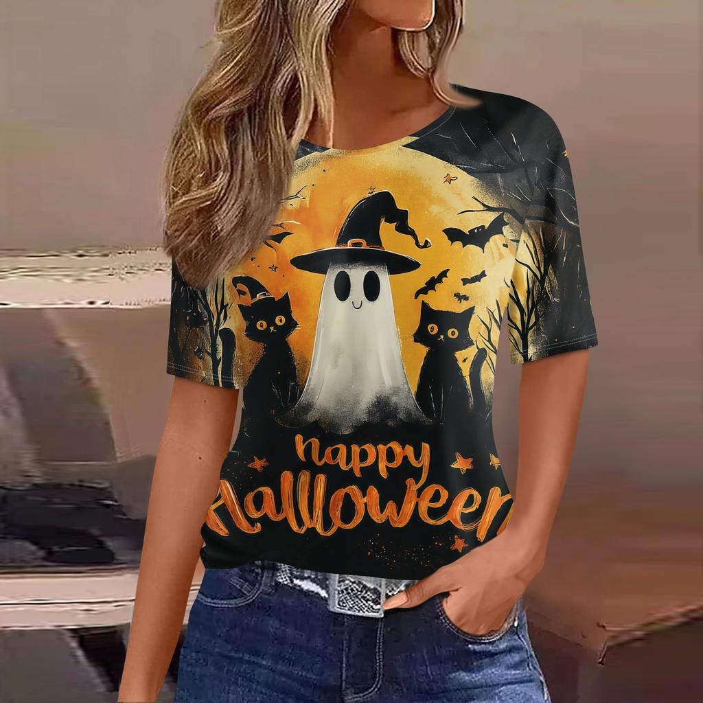 Womens Casual Short Sleeve Halloween Pullover Shirt Round Neck Bat Pumpkin Print Top Lightweight Comfortable Fit