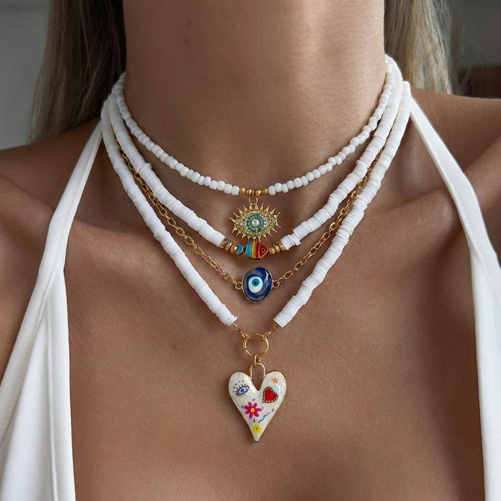 4er Set Glücksbringer Blaue Böse Auge Anhänger Halsketten für Damen Bohemian Bunte Herz Mehrschichtige Perlen Halsketten Gestapelter Schmuck