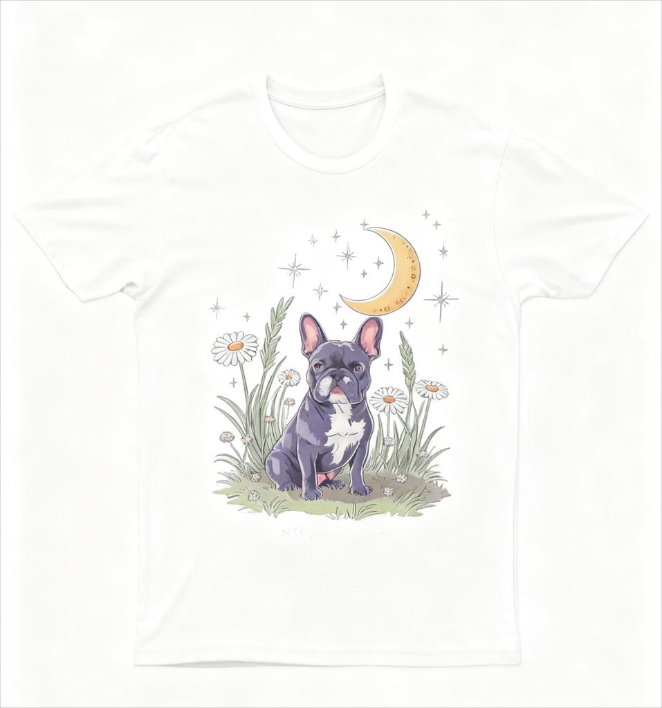 Vintage Mystisches Französische Bulldogge T-Shirt Schwarz mit Mond Stern Gänseblümchen Blumenmuster Künstlerische Freizeitkleidung für Boho Retro Stil Fans