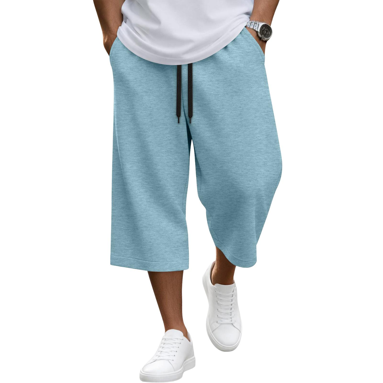 Hibaby1 Heren Casual Losse Kniebroek met Trekkoord Taille Lichtgewicht Ademend Stof Ontspannen Stijl voor Dagelijks Gebruik L