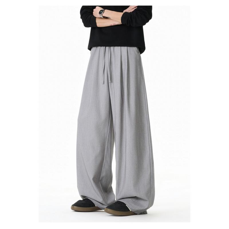 Mens Loose Draped Double Pleated Waist Straight Casual Long Trousers