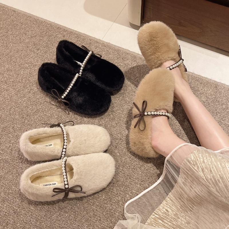 Pearl Velvet Flat-bottomed Beanie Shoes Women's Winter Warm Lazy Bow Fluffy Shoes Women