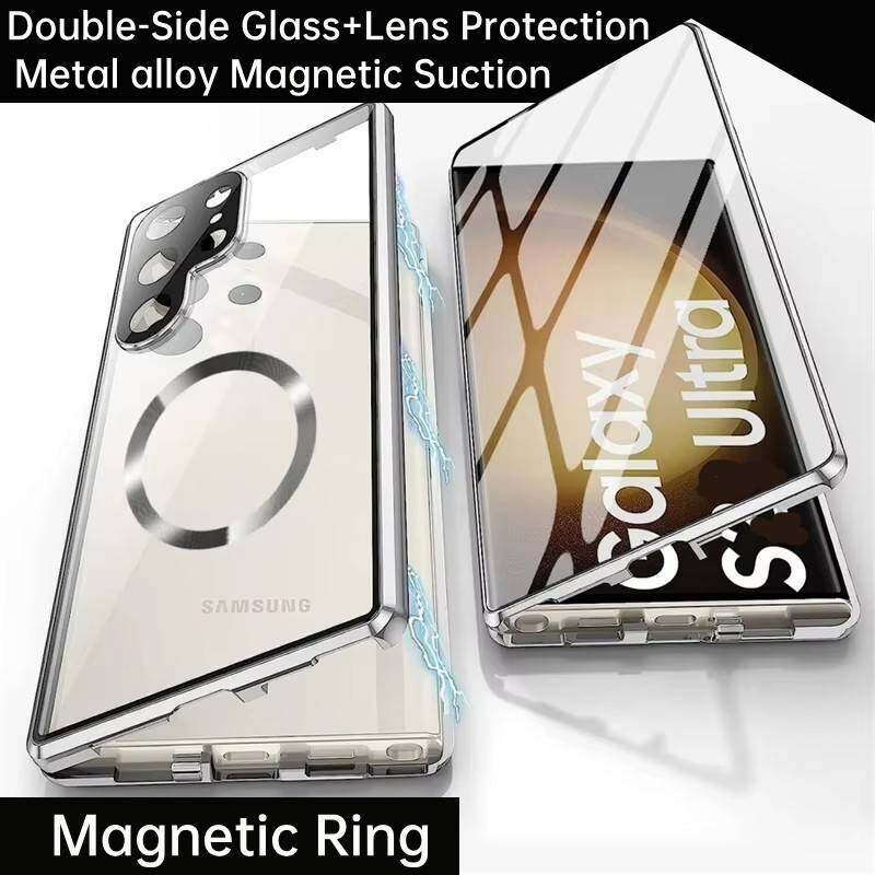 Hülle für Samsung Galaxy S21 S22 S23 Ultra, mit doppelseitigen magnetischen gehärteten Glas-Hüllen, Magsafe, magnetische Adsorption Metall-Bumper-Abdeckung