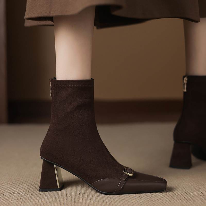 Krazing Pot Flock Cow Skin Square Toe Thick Heels Chelsea Boots Size 42 Beauty Lady Women Metal Buckle Ankle Boots