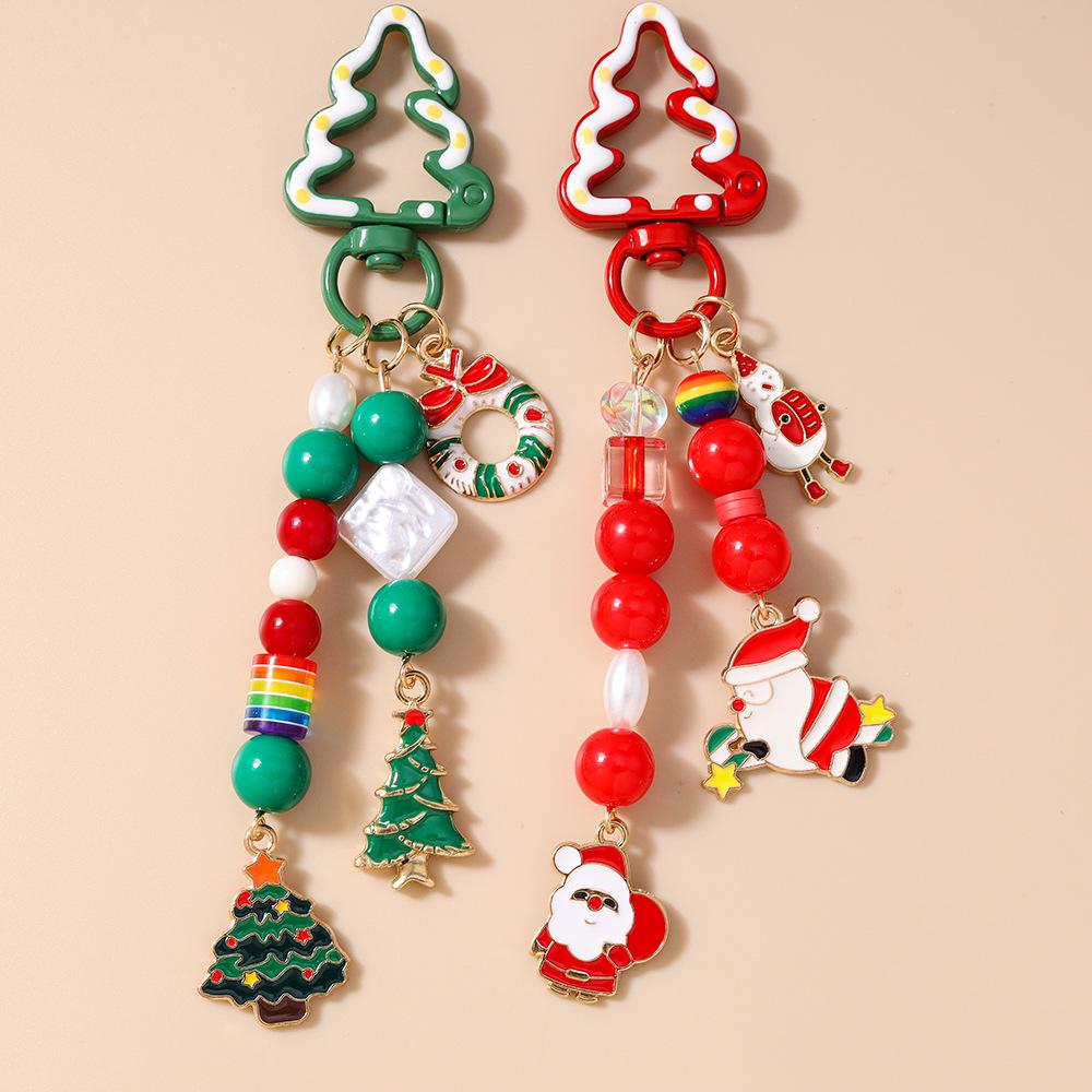 Festive Beaded Pearl Snowman & Santa Keychain Pendant