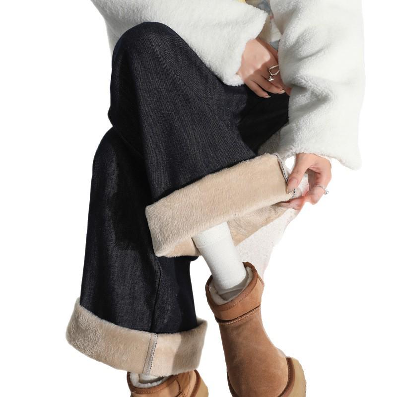 Women's Retro Dark Blue High-Waisted Fleece-Lined Wide-Leg Jeans for Autumn/Winter