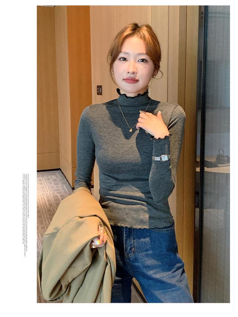H360 Women's Lace Knit Ruffle High Neck Slim Fit Base Layer for Autumn/Winter