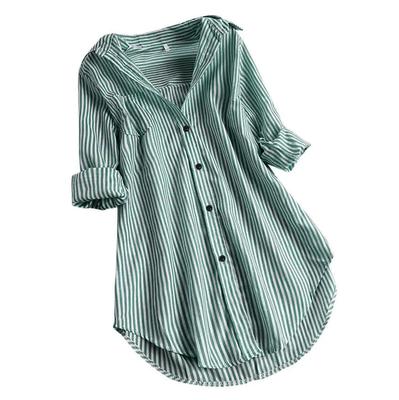 Dames Lente en Zomer Chic Gestreept Los Langmouw Overhemd Middellang Enkelrijig Meerdere Knoopsluiting Blouse