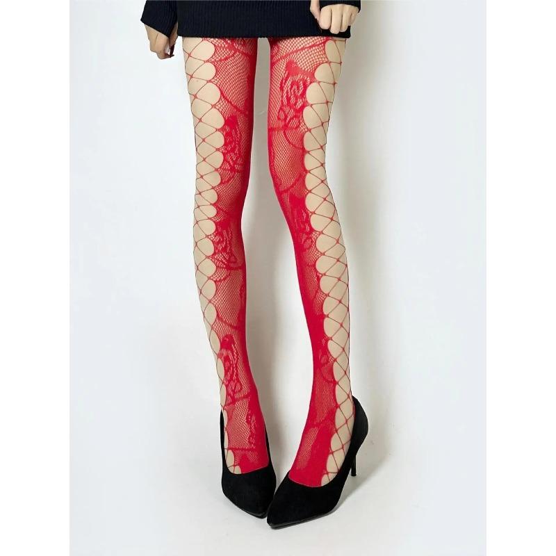 One-piece Mesh Socks For Spicy Girls Colorful Rose Jacquard Side Hollow Cross Straps Mesh Fishing Net Socks 7R8J