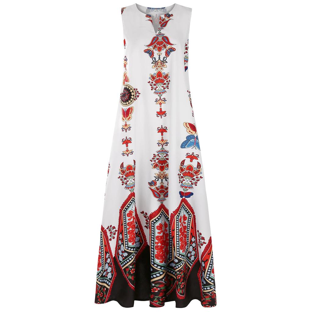 A Retro Printed Loose V-neck Sleeveless Pocket Summer Floor-length Dress