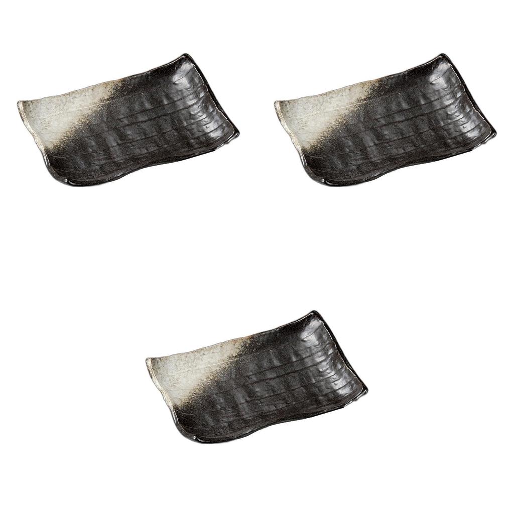 Set of 3 SKT Black Pottery Plates X X Pottery Setomonohonpo [20.5 14.5 3.5 Cm] Plates, Ceramic,