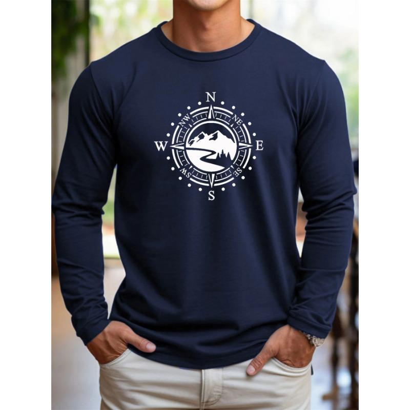 Men's 100% Pure Cotton Loose Fit Comfortable Sports and Leisure Mountain Compass Pattern Printed Round Neck Long Sleeved T-shirt