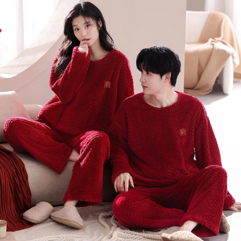 Couple Flannel Red Wedding Pajamas Winter Women's Festive Wedding Autumn and Winter Coral Fleece Loungewear Suit Men
