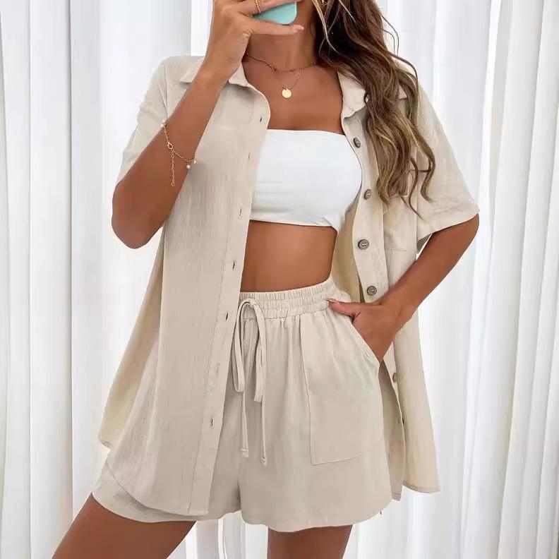 Women's Two Piece Set Button Down Short Sleeve Shirt Elastic Waist Drawstring Shorts Casual Summer Outfit