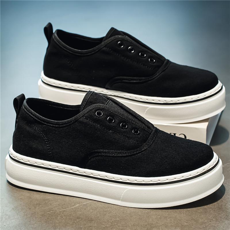 Fashion Black Men Casual Canvas Shoes Slip-on Platform Sneakers Comfortable Lightweight Breathable Daily Walking Footwear
