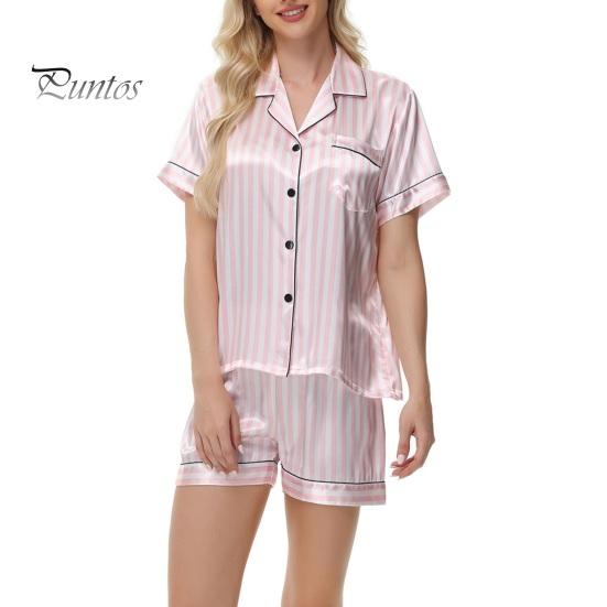 2 Pçs/Conjunto Mulheres Camisa Shorts Terno Plus Size Lapela Mangas Curtas Cetim Listrado Contraste Cor Top Cintura Elástica Calças Curtas Homewear Loungewear