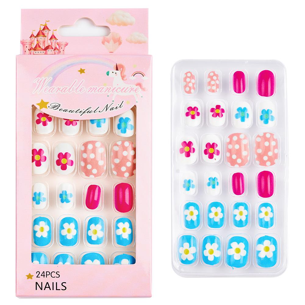 24pcs/box Candy Kids False Nail Cartoon Full Cover Press On Fake Nails Tips Kawaii Acrylic Artificial Fingernails for Girls