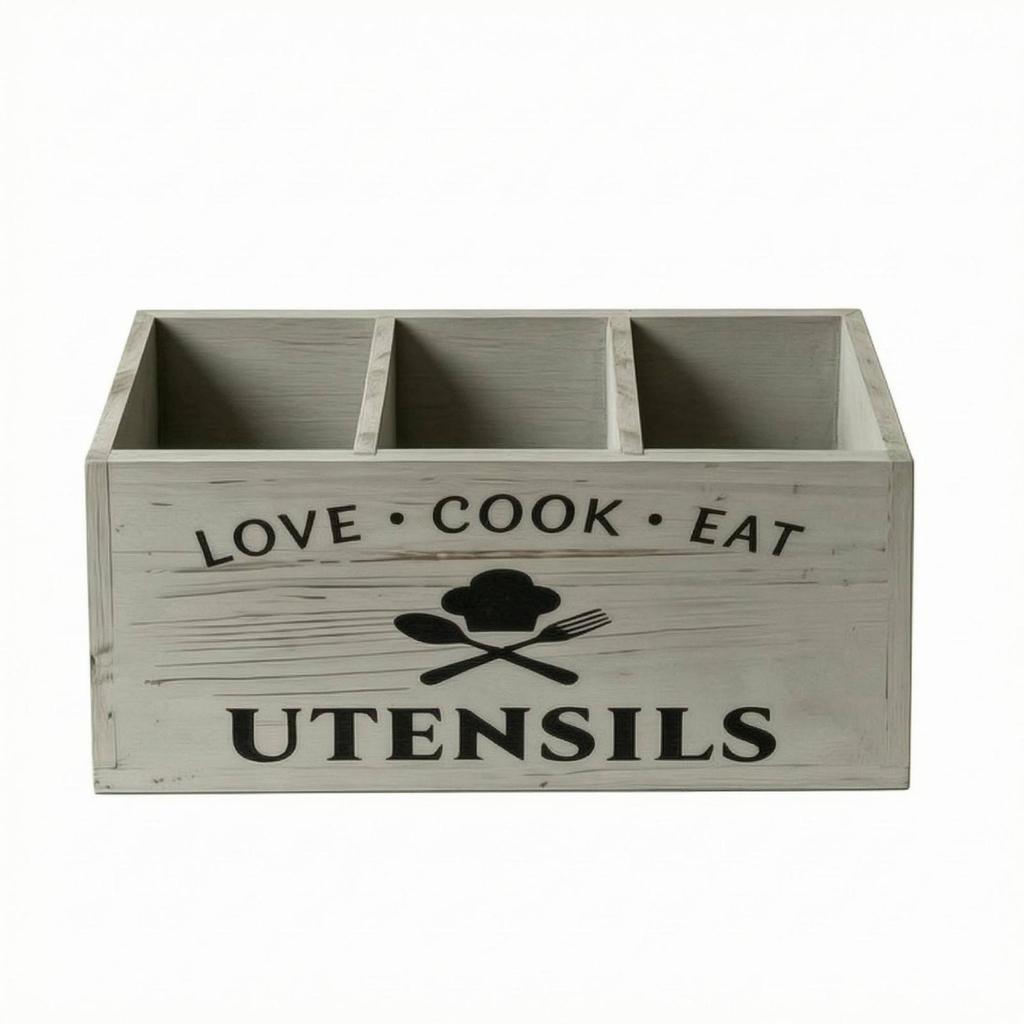 Rectangular Wooden Utensil Storage Box Distressed Gray Three Compartment Organizer Divided
