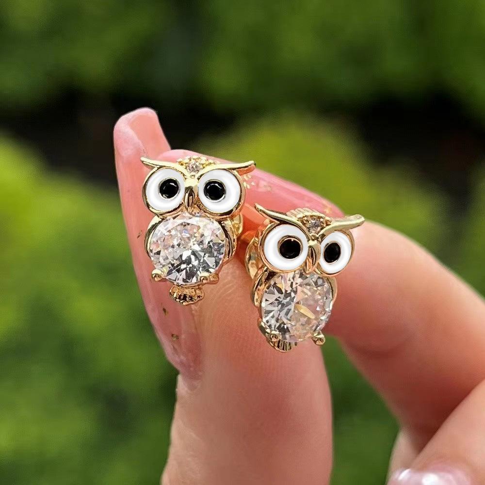 Cute Owl Shaped Round Stone Inlaid Animal Stud Earrings Women Lovely Daily Ear Jewelry
