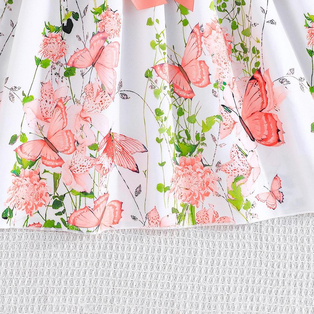 Girls' Butterfly Print Color Block Sleeveless Ruffle Dress with Belt