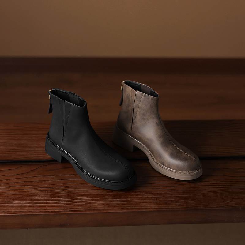 Krazing Pot Cow Skin Round Toe Thick Heels Motorcycle Boots Size 42 Back Zip Women Keep Warm Ankle Boots