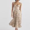 European and American Pastoral Style Sexy Square Collar Lace-up Small Floral Print Slim fit Puff sleeve Temperament High Slit Dress Women