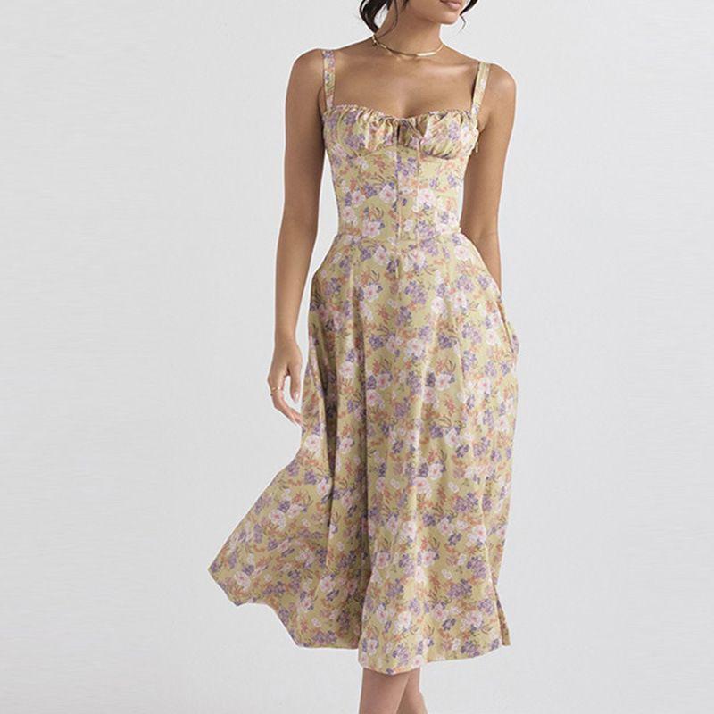 European and American Pastoral Style Sexy Square Collar Lace-up Small Floral Print Slim fit Puff sleeve Temperament High Slit Dress Women