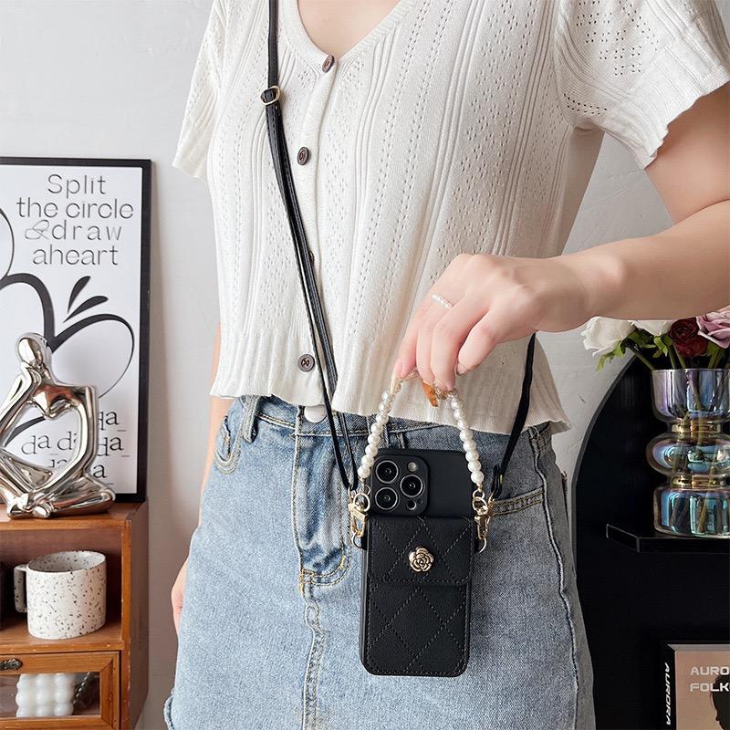 Fashion Phone Case For iPhone 17 15 14 13 12 11 16 Pro Max Plus Wallet Card Slot Flower Pearl Strap Cord Lanyard Bumper Cover