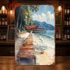 2D Flat - [2D Flat Printing] 1pc Beach Boardwalk Cottage Pattern Aluminum Sign, Blue Sky Sea View Healing Atmosphere, Premium Aluminum Material, 20.32
