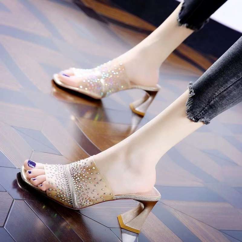 Mesh Strass Peeptoe High Heel Sandalen Damen Ein-Wort Pantoletten 2025 Neu Oberbekleidung Dicker Absatz Mittelhoher Absatz Coole Hausschuhe Damen Sommer