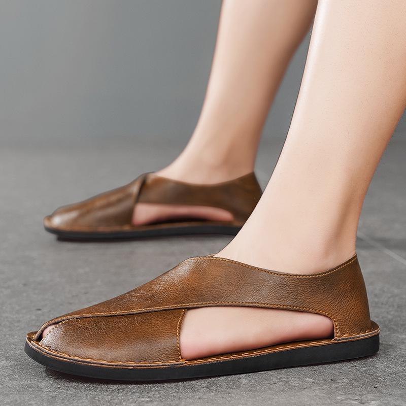 Men's Genuine Leather Cross-Strap Sandals - Breathable, Comfortable Slip-on Shoes for Summer.