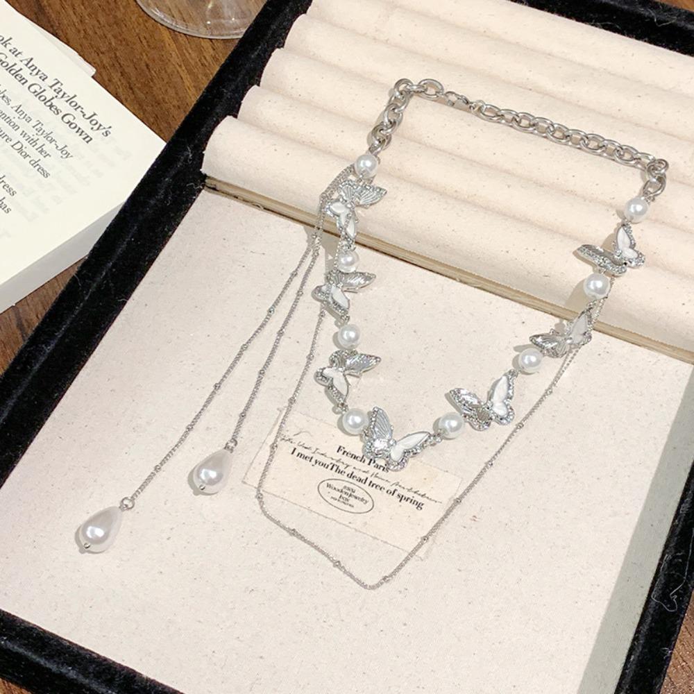 Jewelry Butterfly Pearl Choker Necklace Luxury Shinny Tassel Choker Party