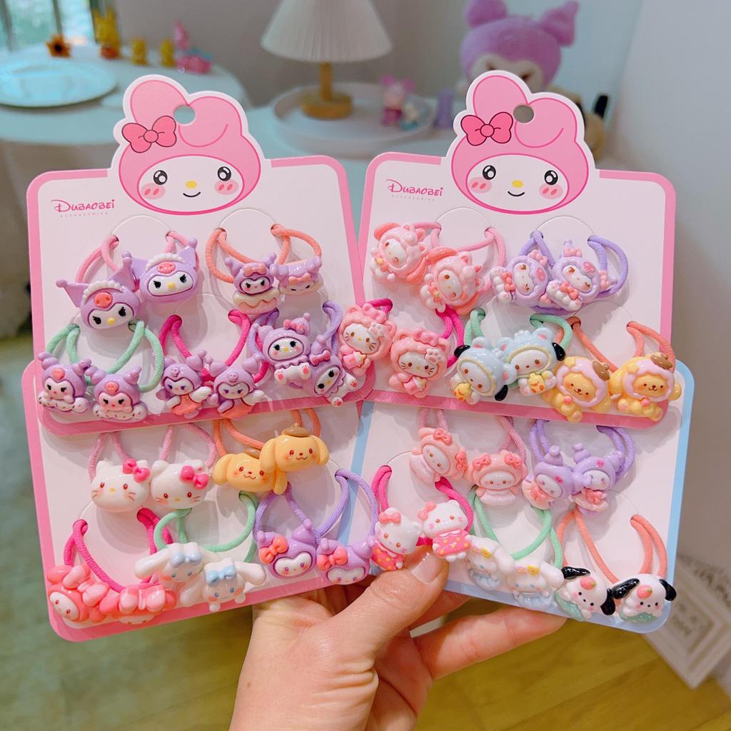 Cartoon Sanrio Hair Ties Set: 5 Pairs Non-Damaging Cinnamoroll & Kuromi Rubber Bands for Kids