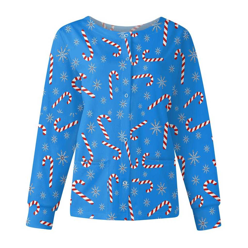 Damska codzienna moda długi rękaw stójka jednorzędowa kurtka robocza topy z nadrukiem świątecznym