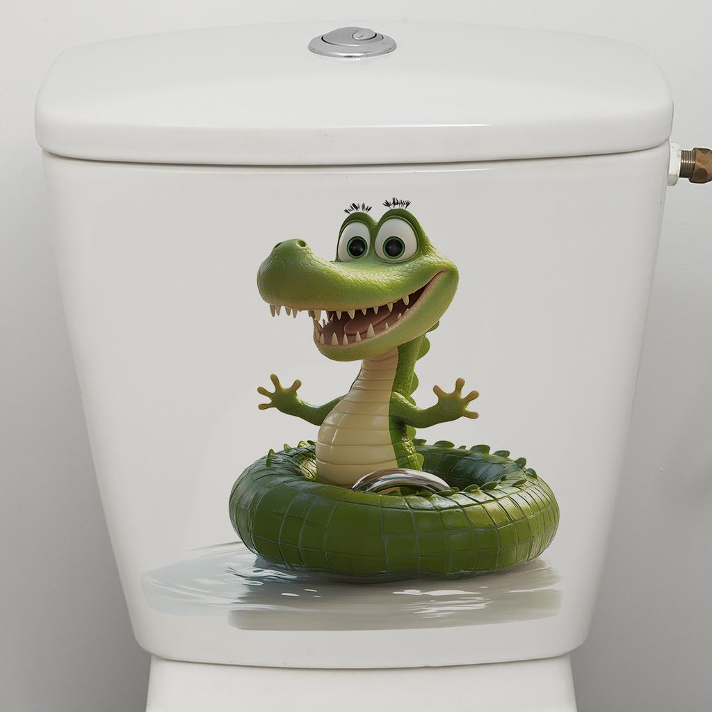 Cartoon Alligator Toilet Stickers, Waterproof Self-Adhesive Decals for Bathroom Decor