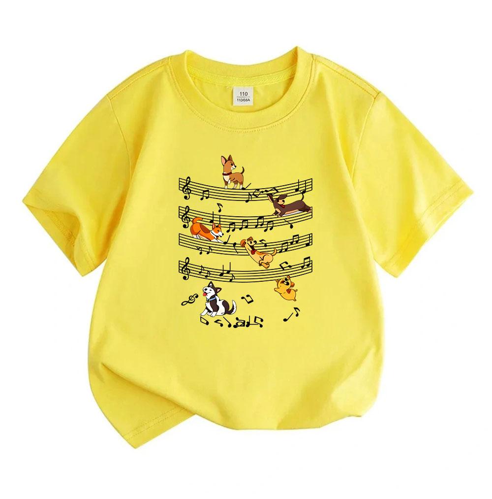 Kids Boys Girls 100% Cotton Crew Neck Short Sleeve T-Shirt Cute Puppies Music Note Pattern Casual Breathable Soft Summer Tee for Music Dog Lovers Chil